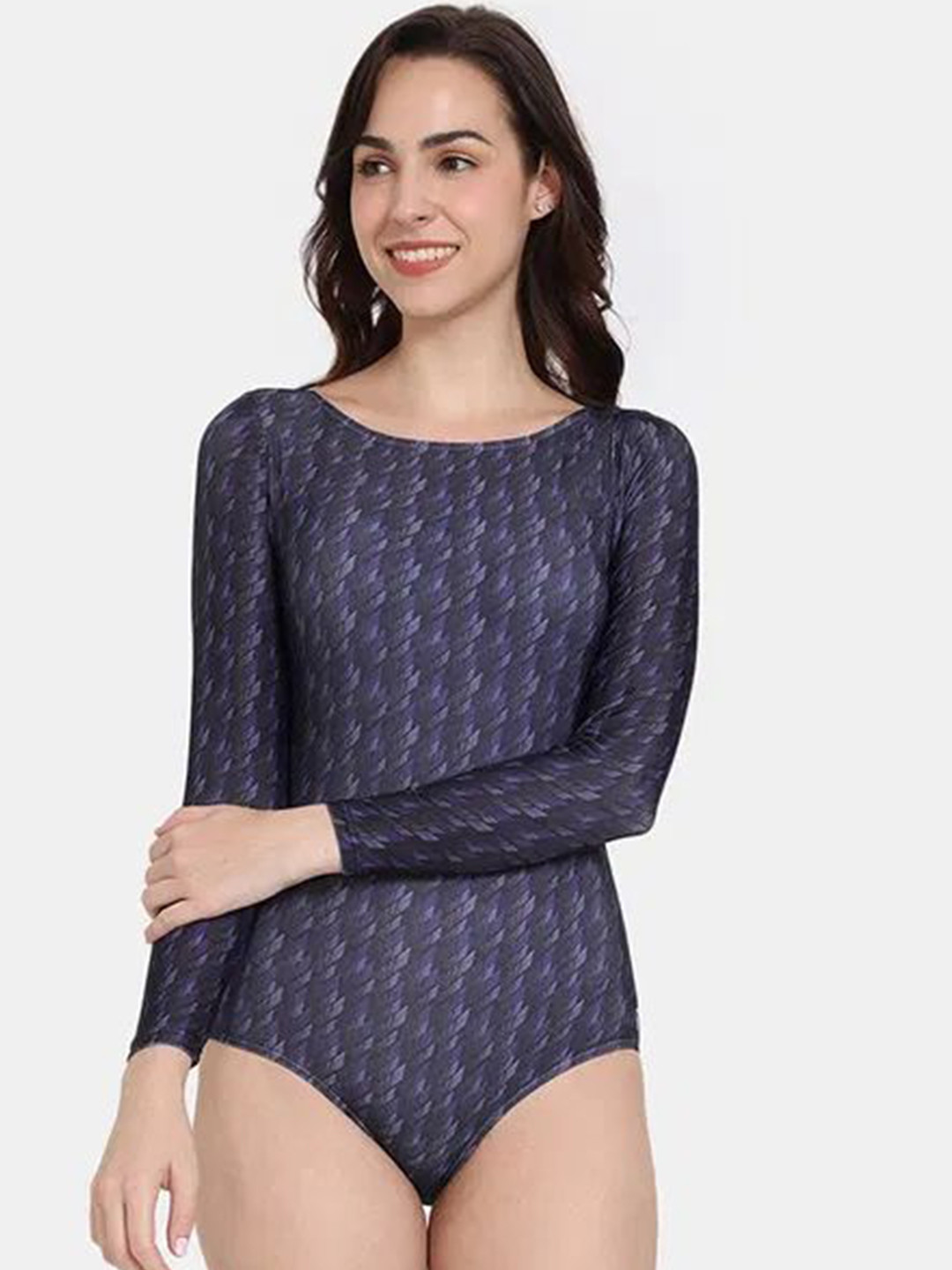 Zelocity by Zivame Abstract Printed Long Sleeves Zipper Swim Bodysuit
