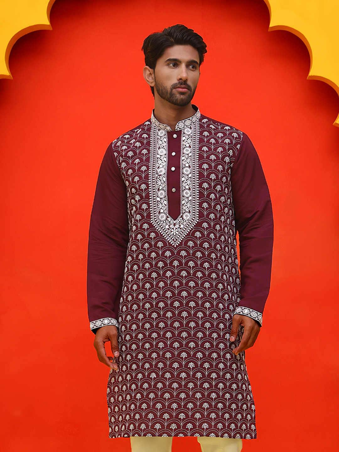 Jompers Floral Embroidered Mandarin Collar Sequinned Silk Cotton Straight Kurta