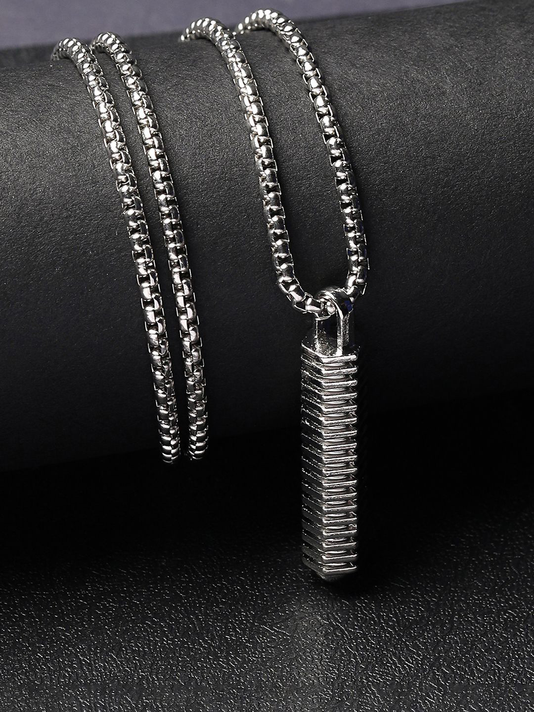 French Accent Men Silver-Plated Geometric Shaped Ripple Pendant With Chain