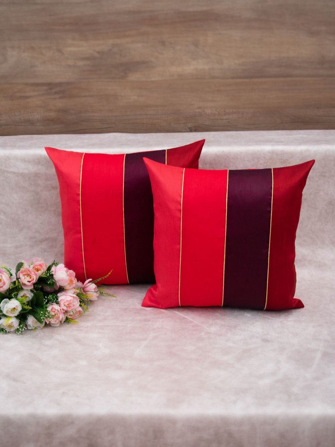 RoyalDeco Royal Red & Brown 2 Pieces Silk Striped Square Cushion Covers