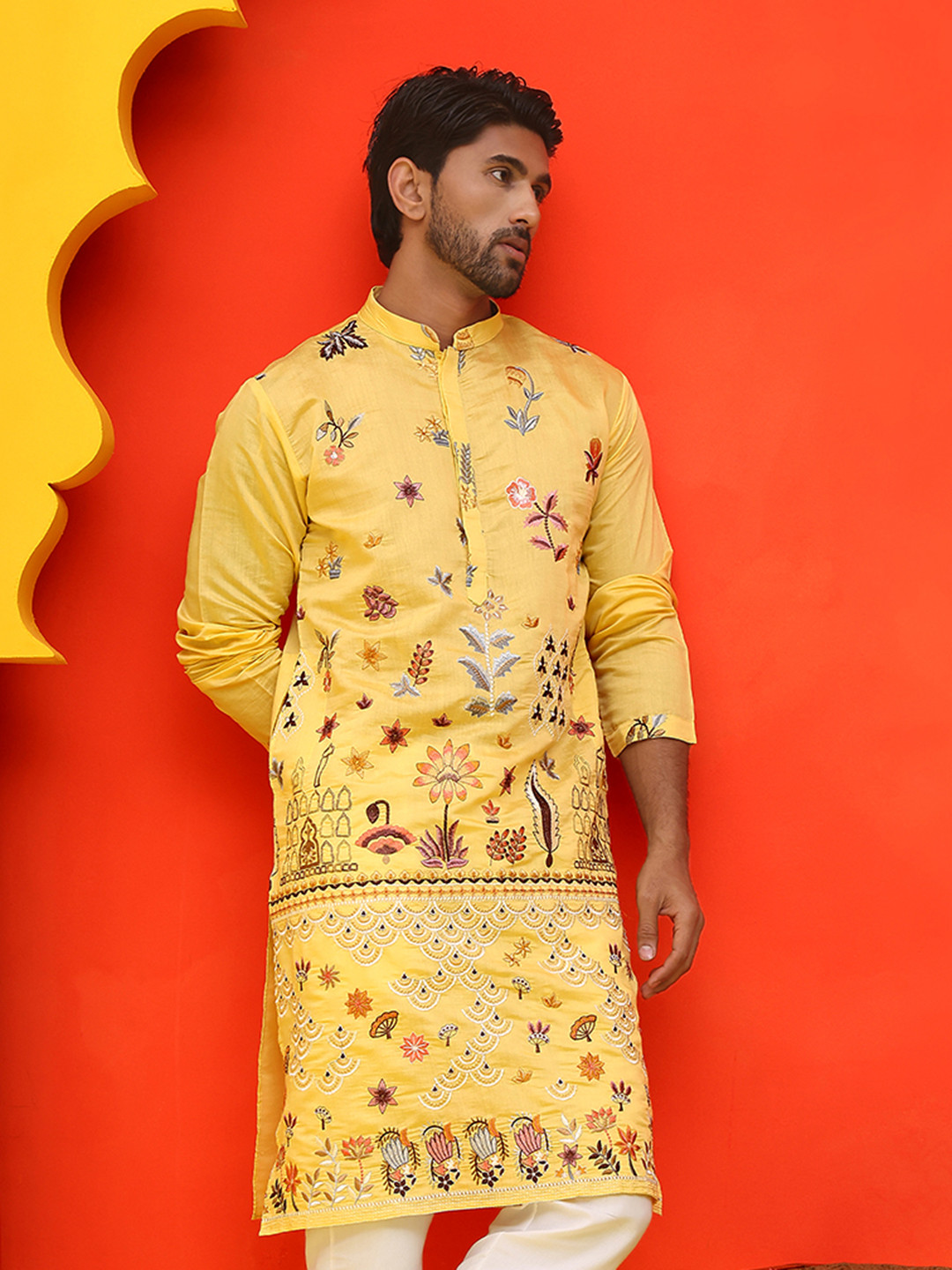 Jompers Floral Embroidered Mandarin Collar Chikankari Silk Cotton Straight Kurta