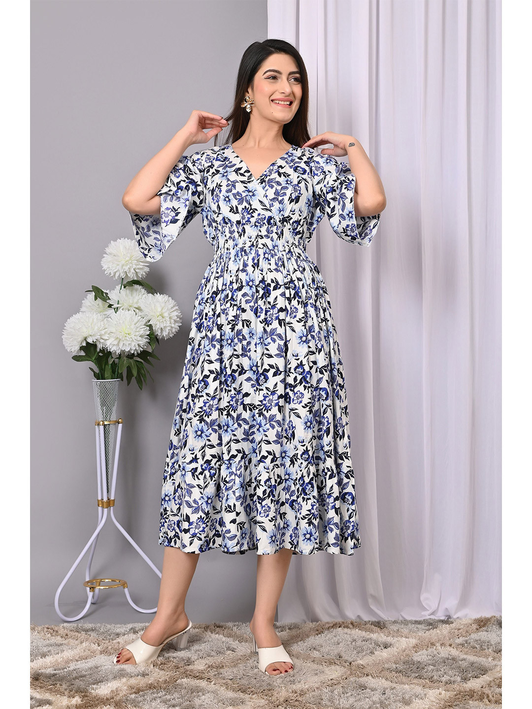 IQRAAR Print Bell Sleeve Fit & Flare Dress