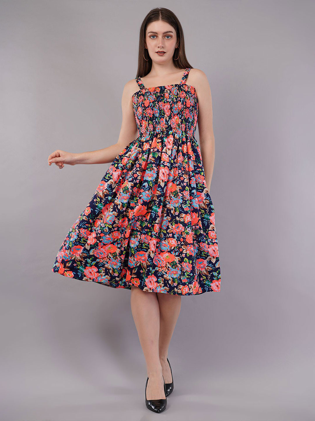 FLY STITCH Floral Print Fit & Flare Midi Dress