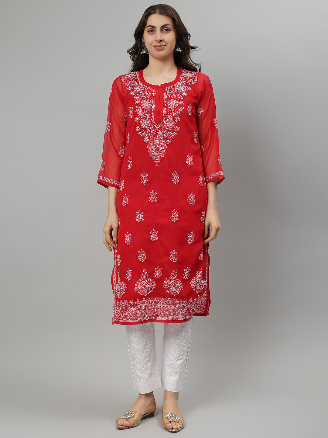 Seva Chikan Floral Embroidered Notch Neck Georgette Lucknowi Chikankari Straight Kurta