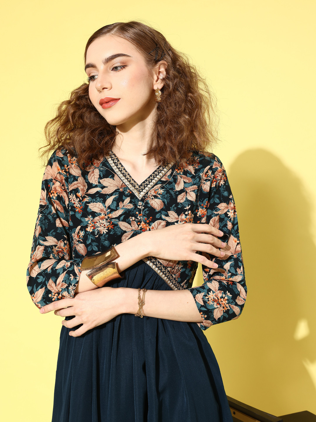 Sangria Teal Floral Printed Georgette Crepe Zari Sequence Embroidered Kurta With Pant Set