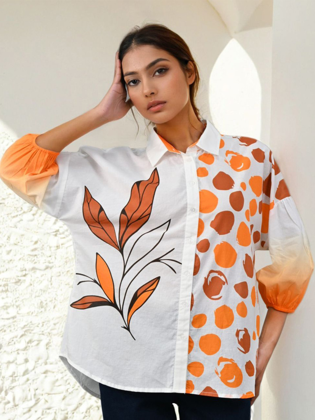 Zolo Label Women White & Orange Printed Cotton Collar Neck Shirt Style Top