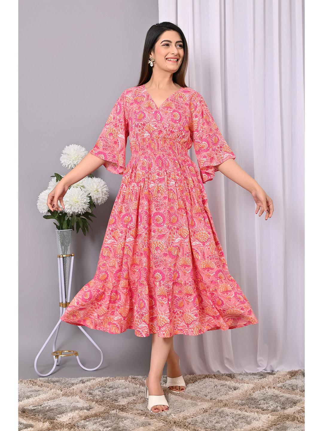 IQRAAR Print Bell Sleeve Fit & Flare Dress