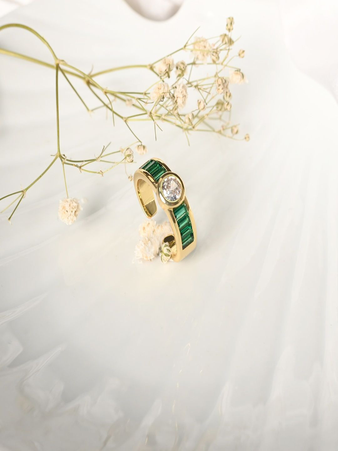 Nirvana Emeraude Gold-Plated CZ Studded Adjustable Finger Ring