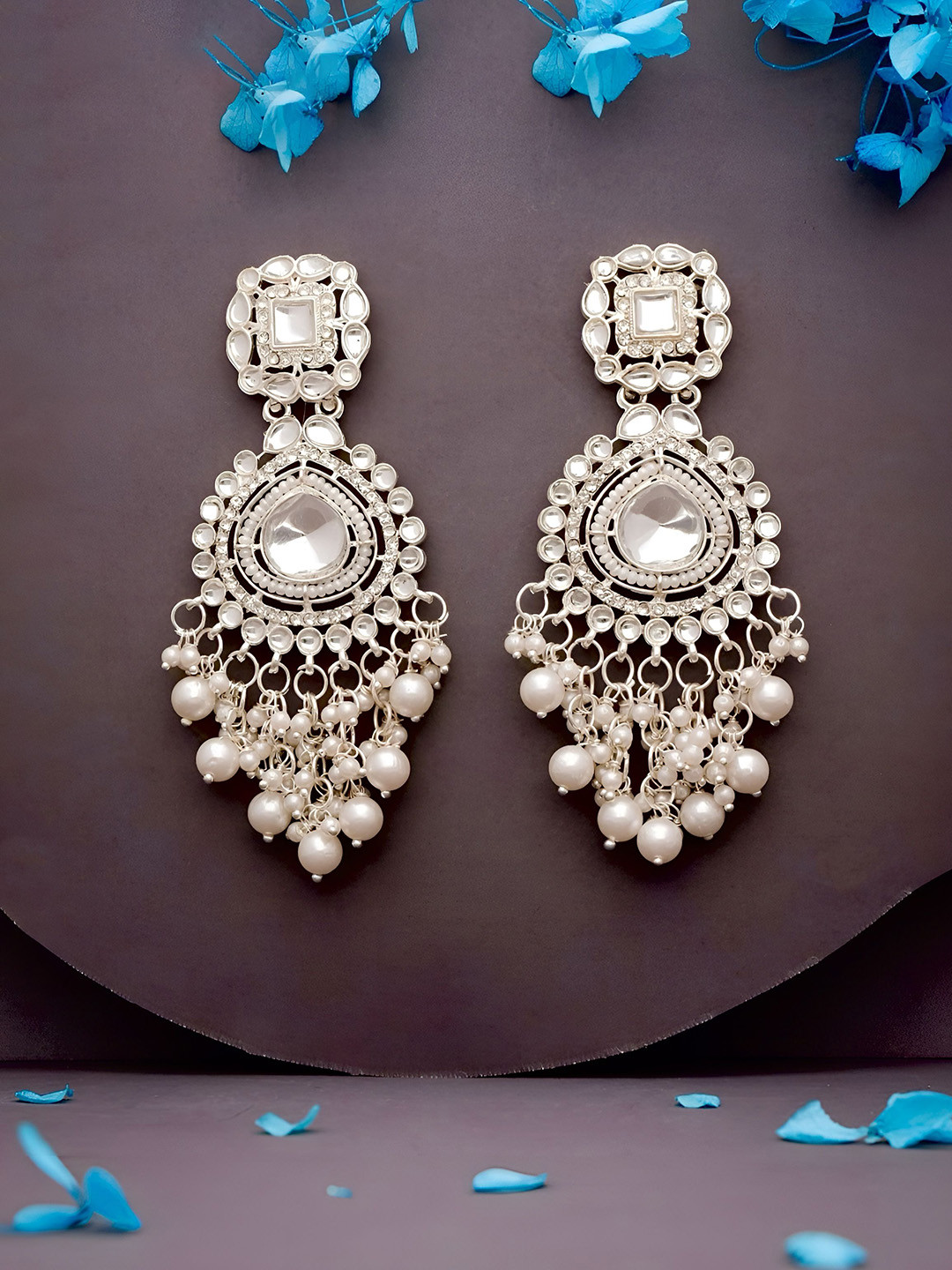 Vigilantee Jewels Silver-Plated Stones Studded & Beaded Contemporary Shaped Drop Earrings
