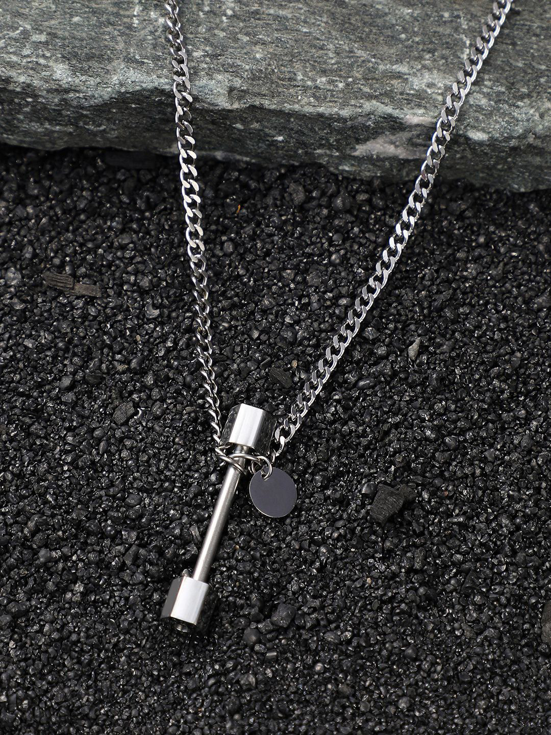 French Accent Men Silver-Plated Minimal Chain With Dumbbell Pendant