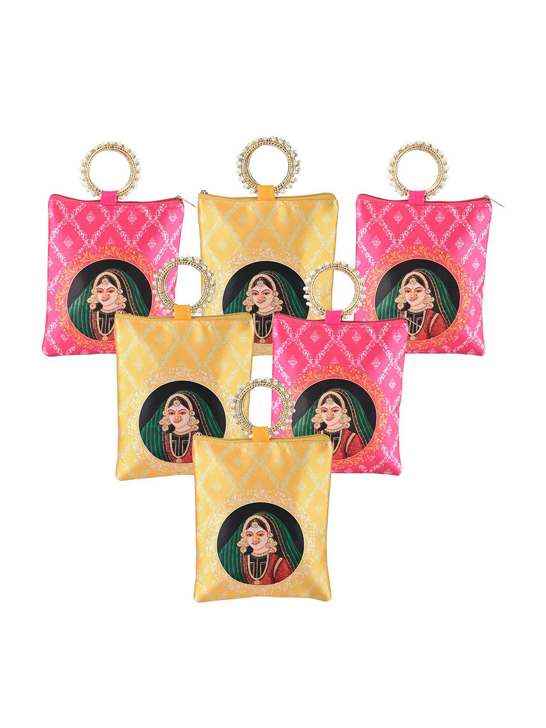 Kuber Industries 6 Pcs Silk Small Women Hand Bag Printed Structured Tote Bag with Quilted