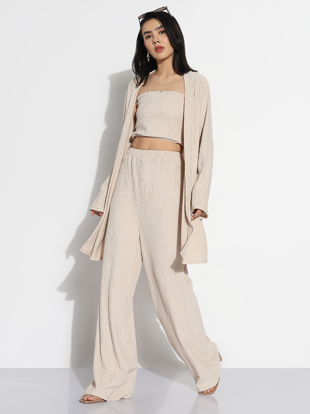 SHOWOFF Strapless Crop Top With Trouser &  Shrug