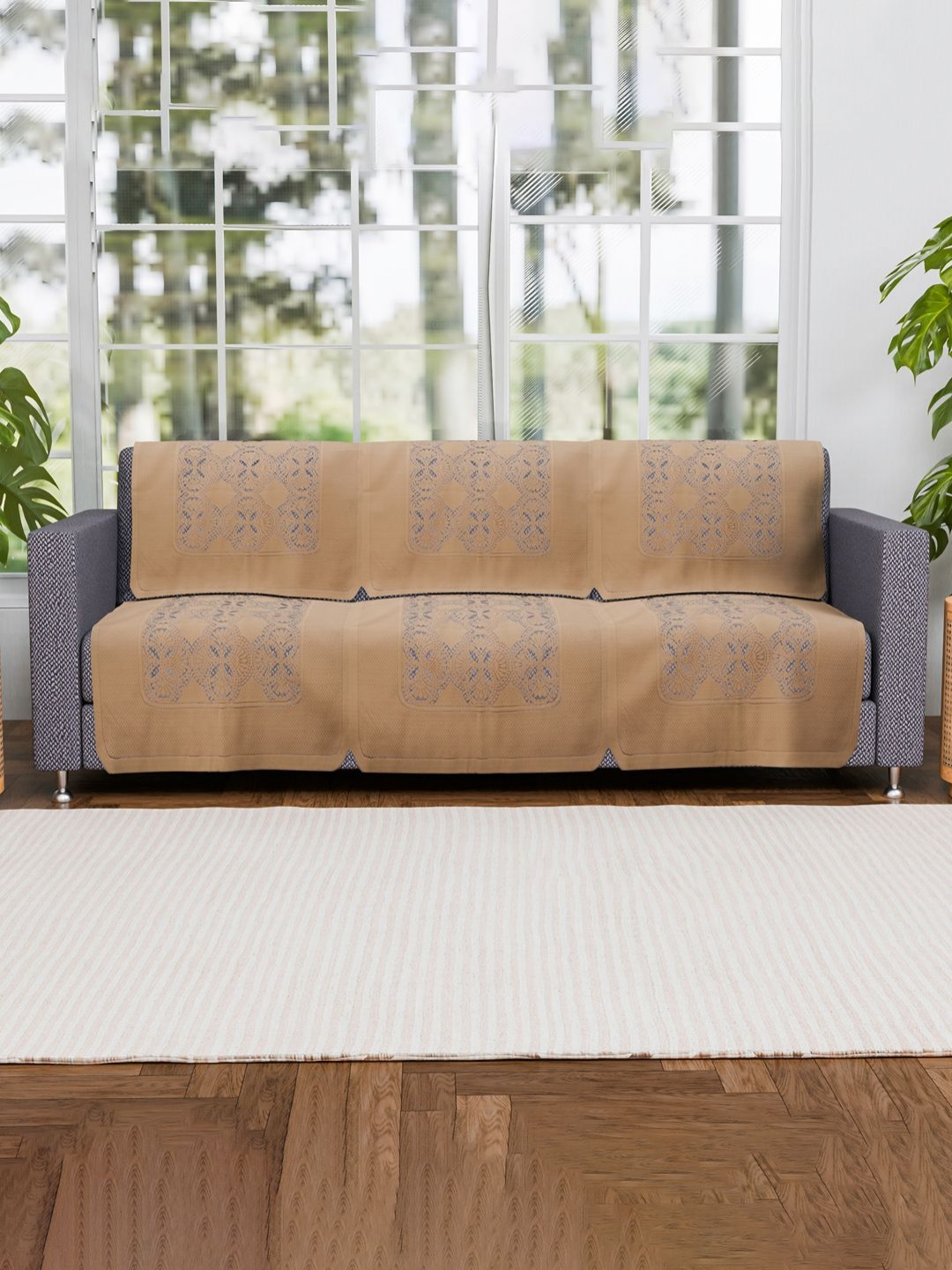 Aura Brown 6 Pieces New Jersey Flower Cotton 3 Seater Sofa Cover