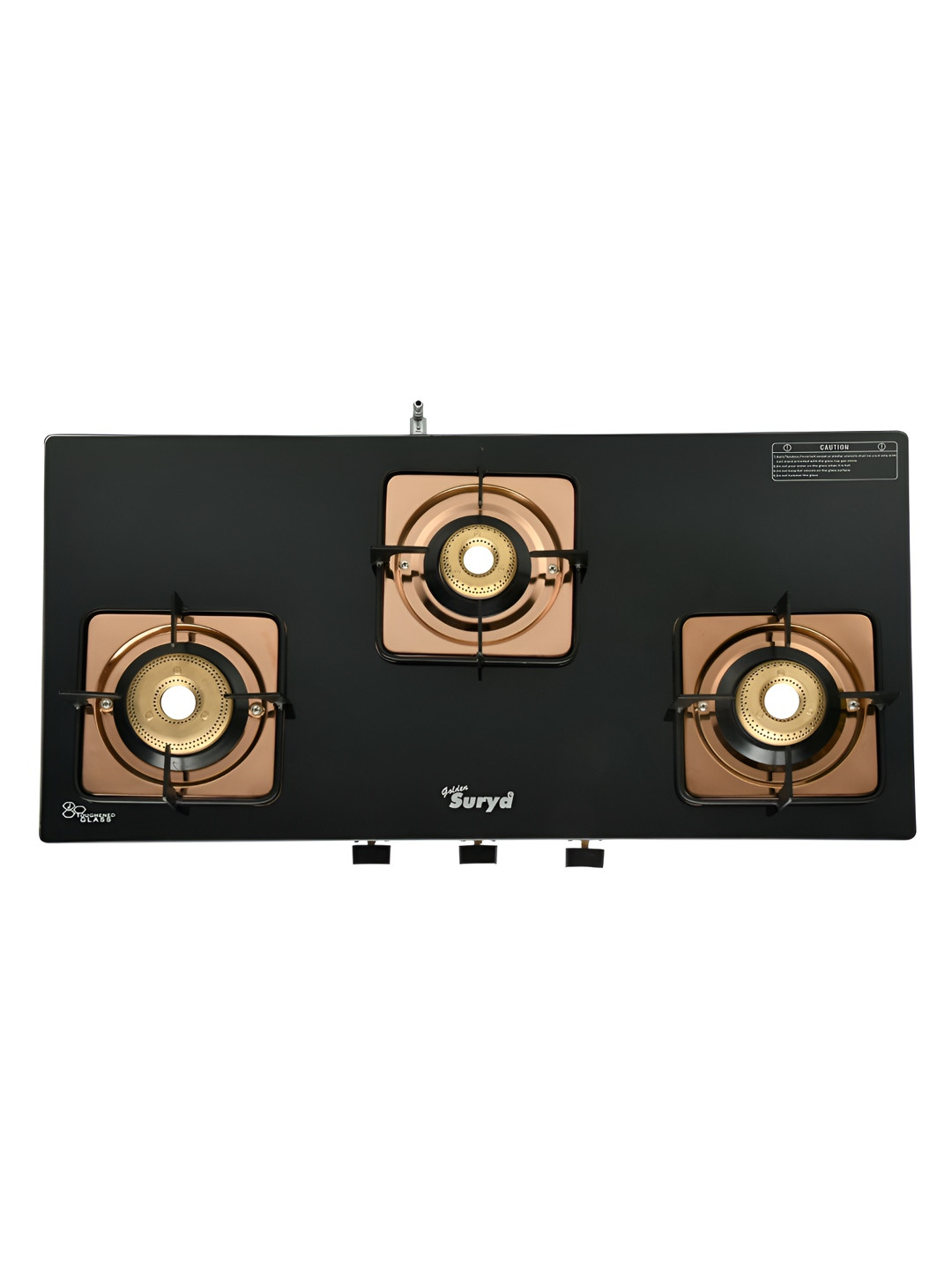 GOLDEN SURYA Rose Gold & Black 3 Burners Glass Manual LPG Gas Stove