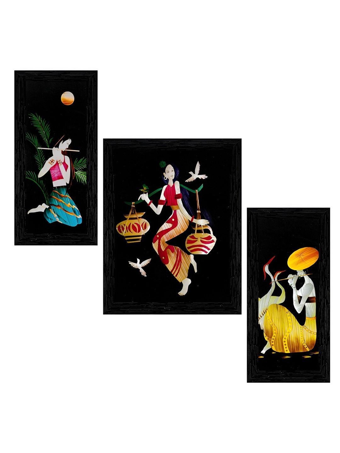 Indianara Wood 3 Piece Rectangle Paintings Wall Art - 6 X 13In , 10.2 X 13In , 6 X 13In