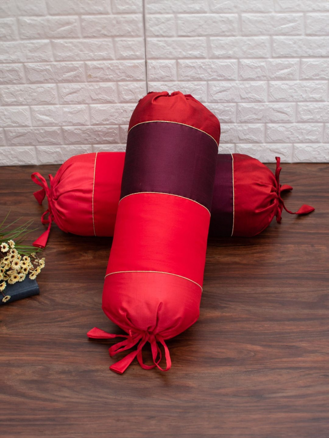 RoyalDeco Red & Maroon 2 Pieces Shades Designer Silk Bolster Covers