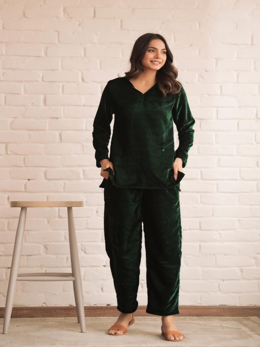 FLAVIA CREATION Velvet V Neck Top With Trouser