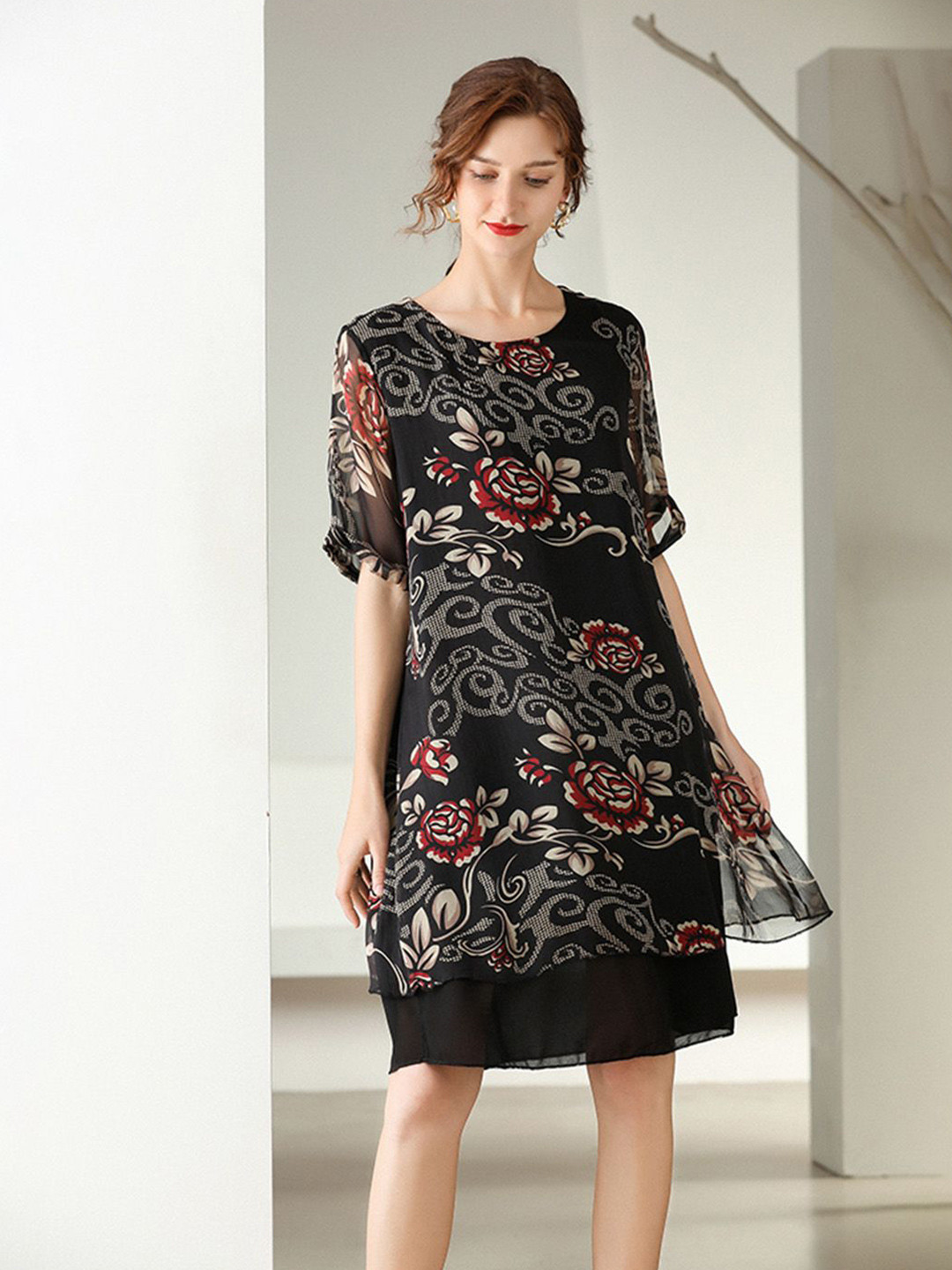 JC Collection Floral Print Slit Sleeve A-Line Dress