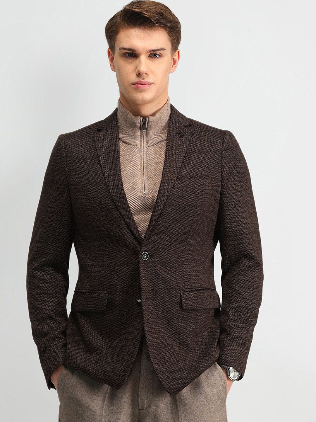 Arrow Self Design Notched Lapel Single Breasted Slim Fit Herringbone Blazer
