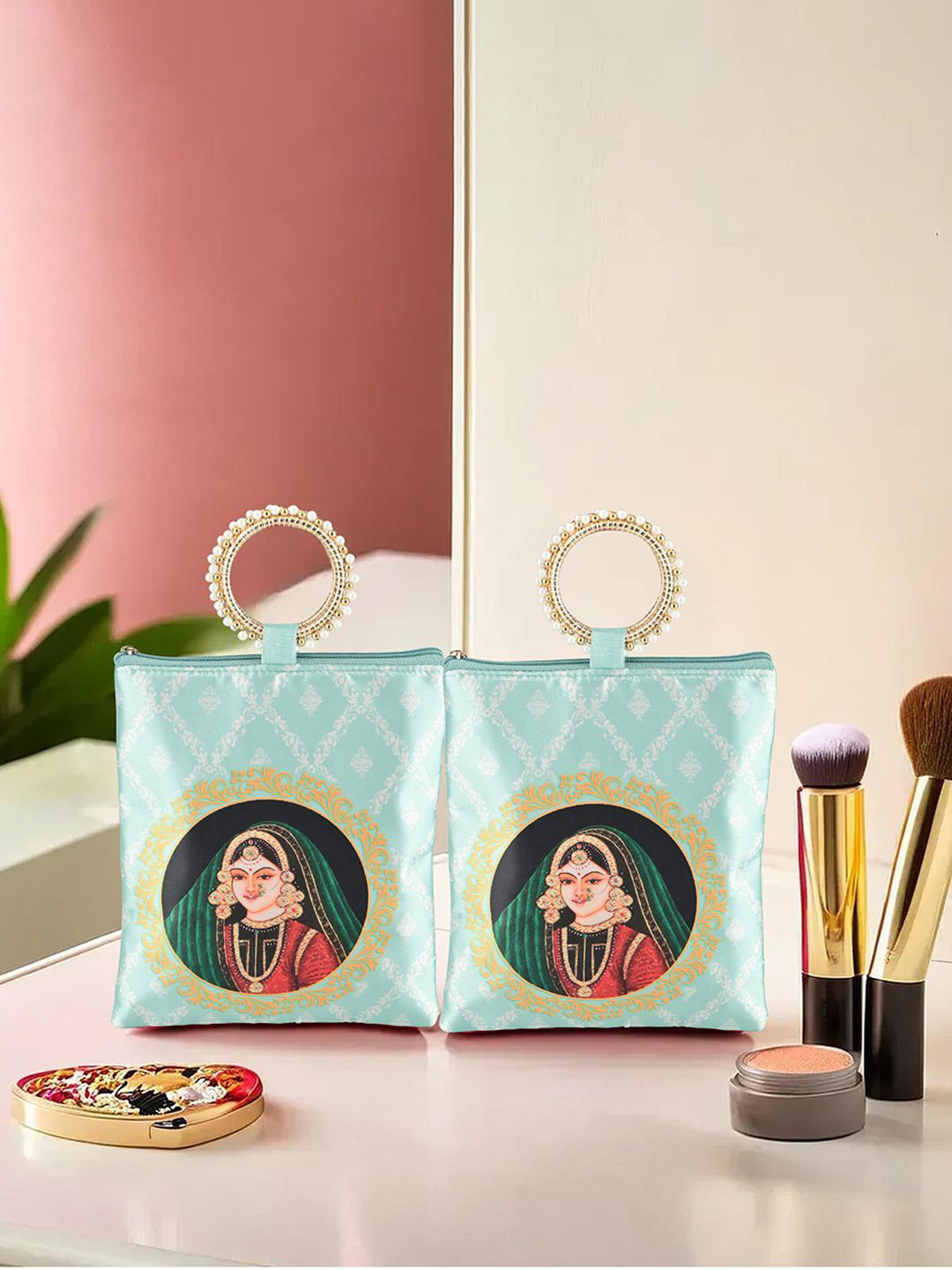 Kuber Industries 2 Pcs Silk Small Printed Structured Handheld Bag with Applique