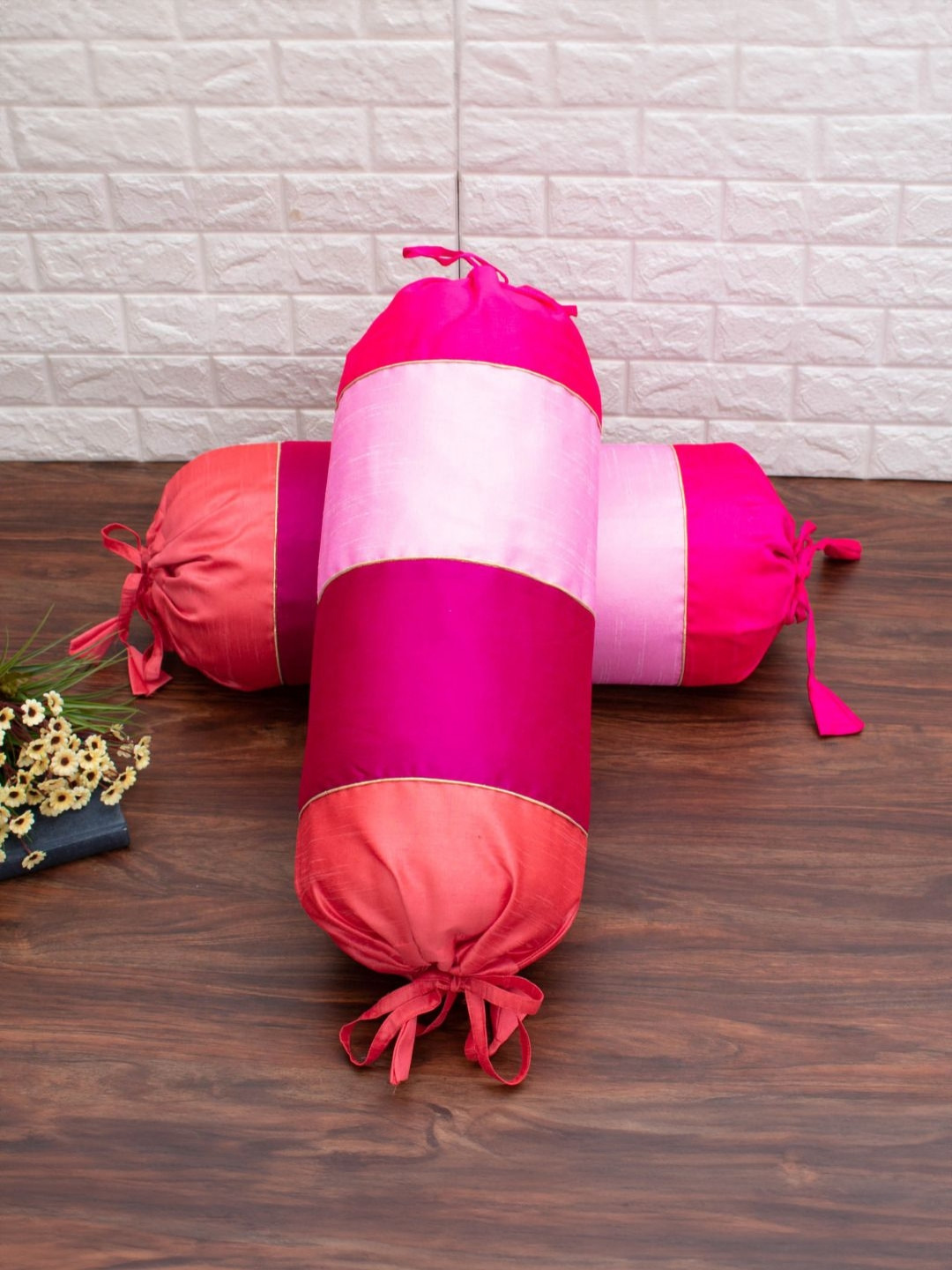 RoyalDeco Magenta & Pink 2 Pieces Shades Designer Silk Bolster Covers