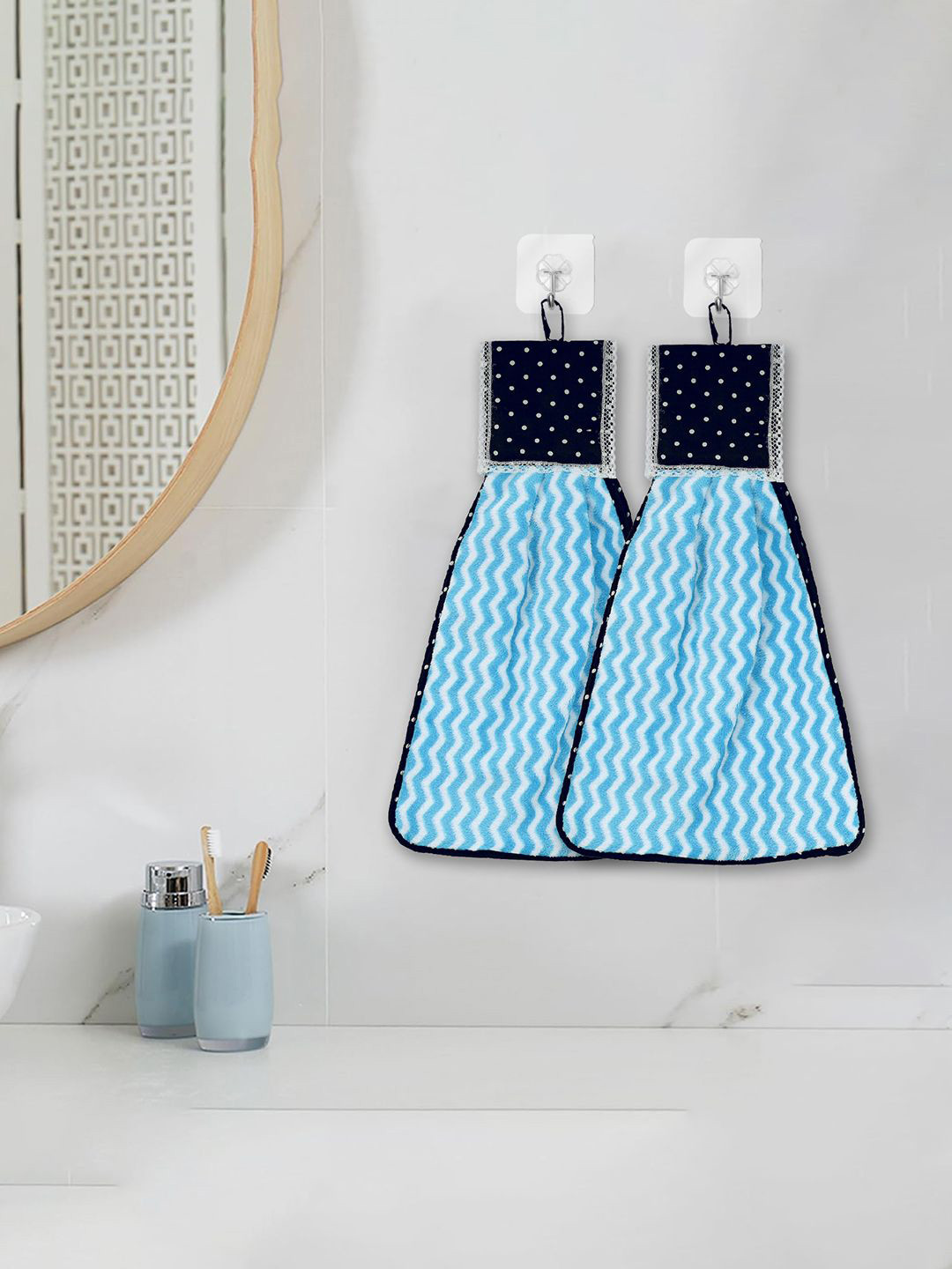 Kuber Industries White & Blue 2 Pieces Zig Zag Washbasin Hanging Kitchen Towel With Ties