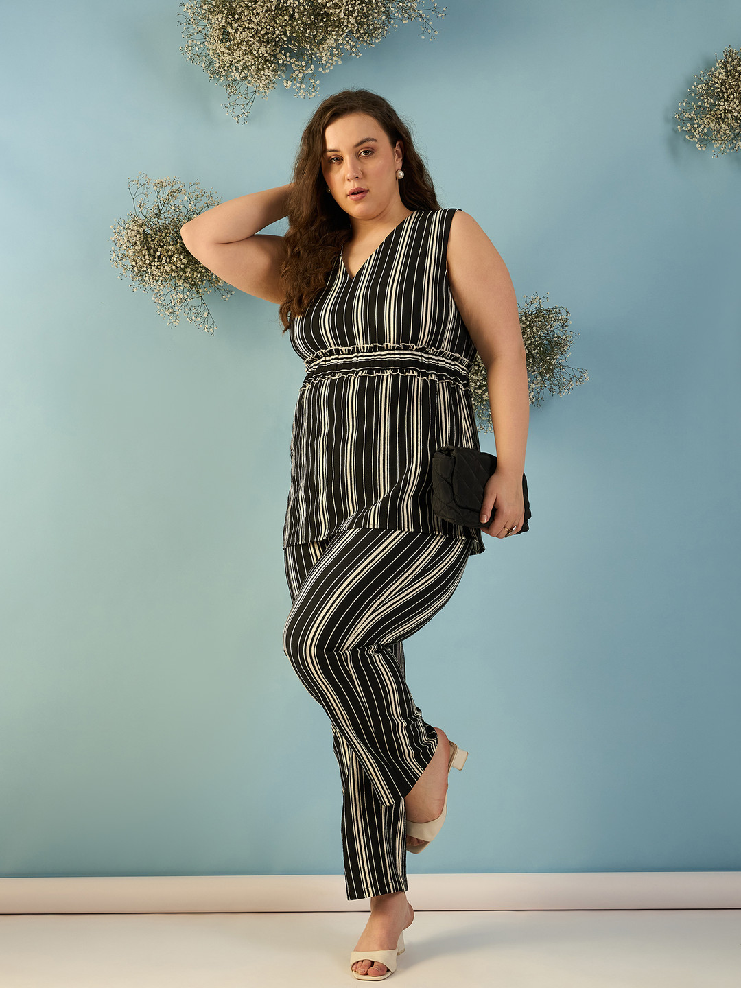 KIBO CURVE Plus Size Striped V-Neck Sleeveless Top & Trousers