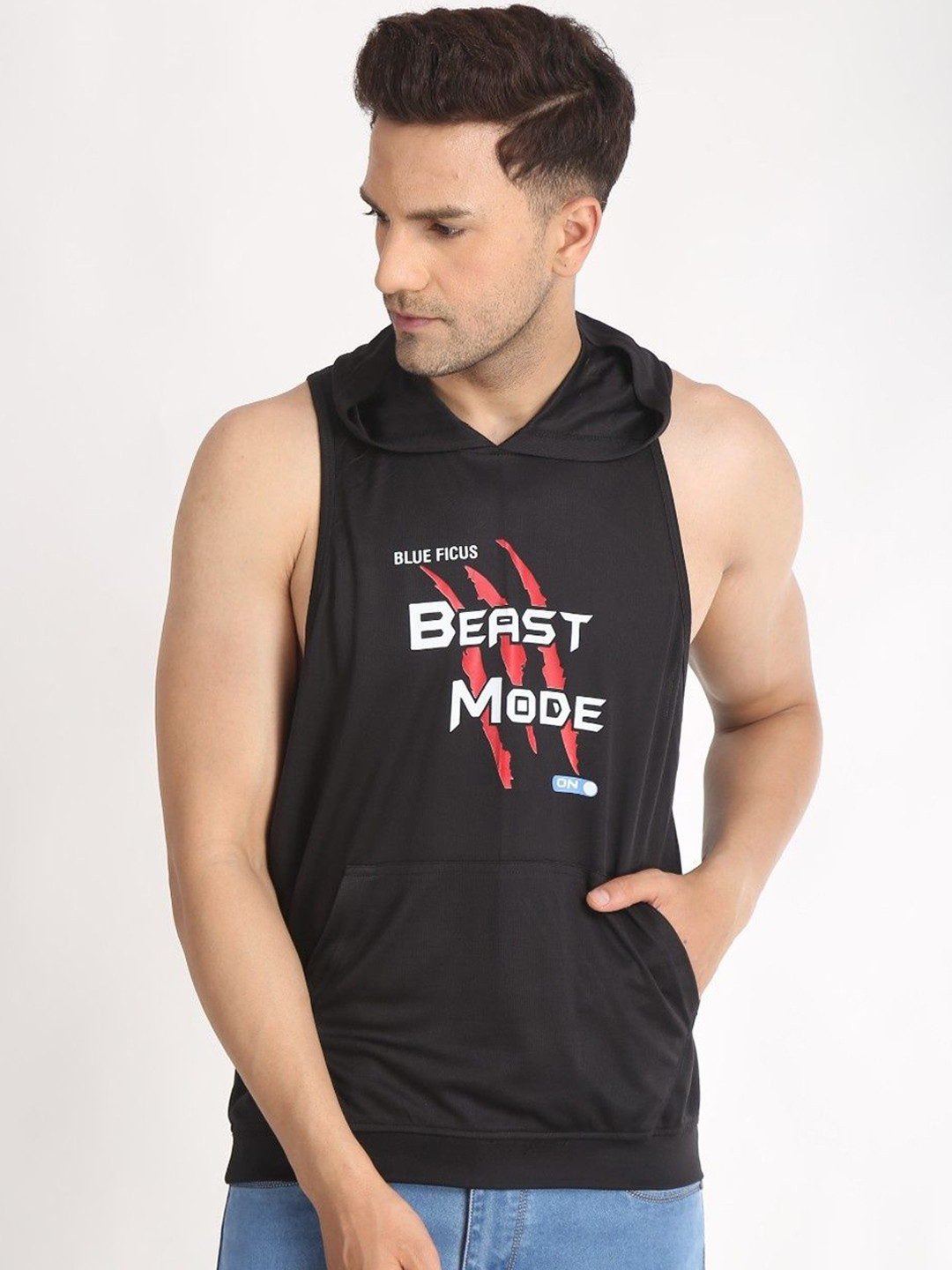 BLUEFICUS Printed Cotton Hooded Vest A_301-Gym Hooded Vest-Black-M