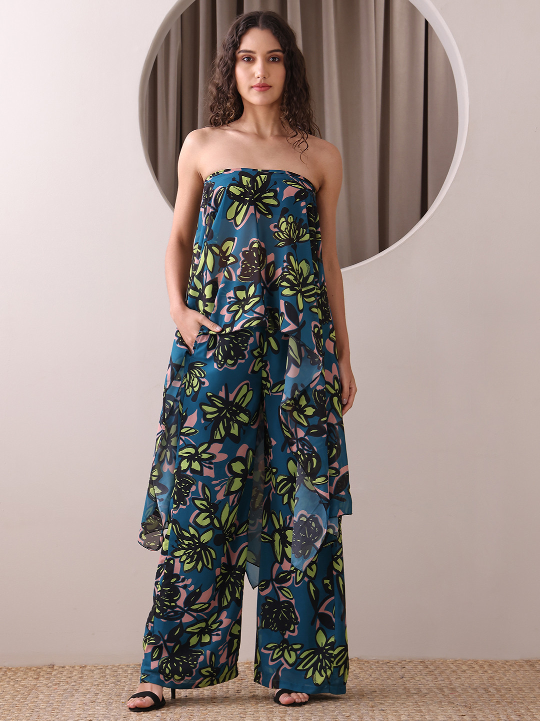 PURVAJA Floral Printed Strapless Tunic With Palazzos