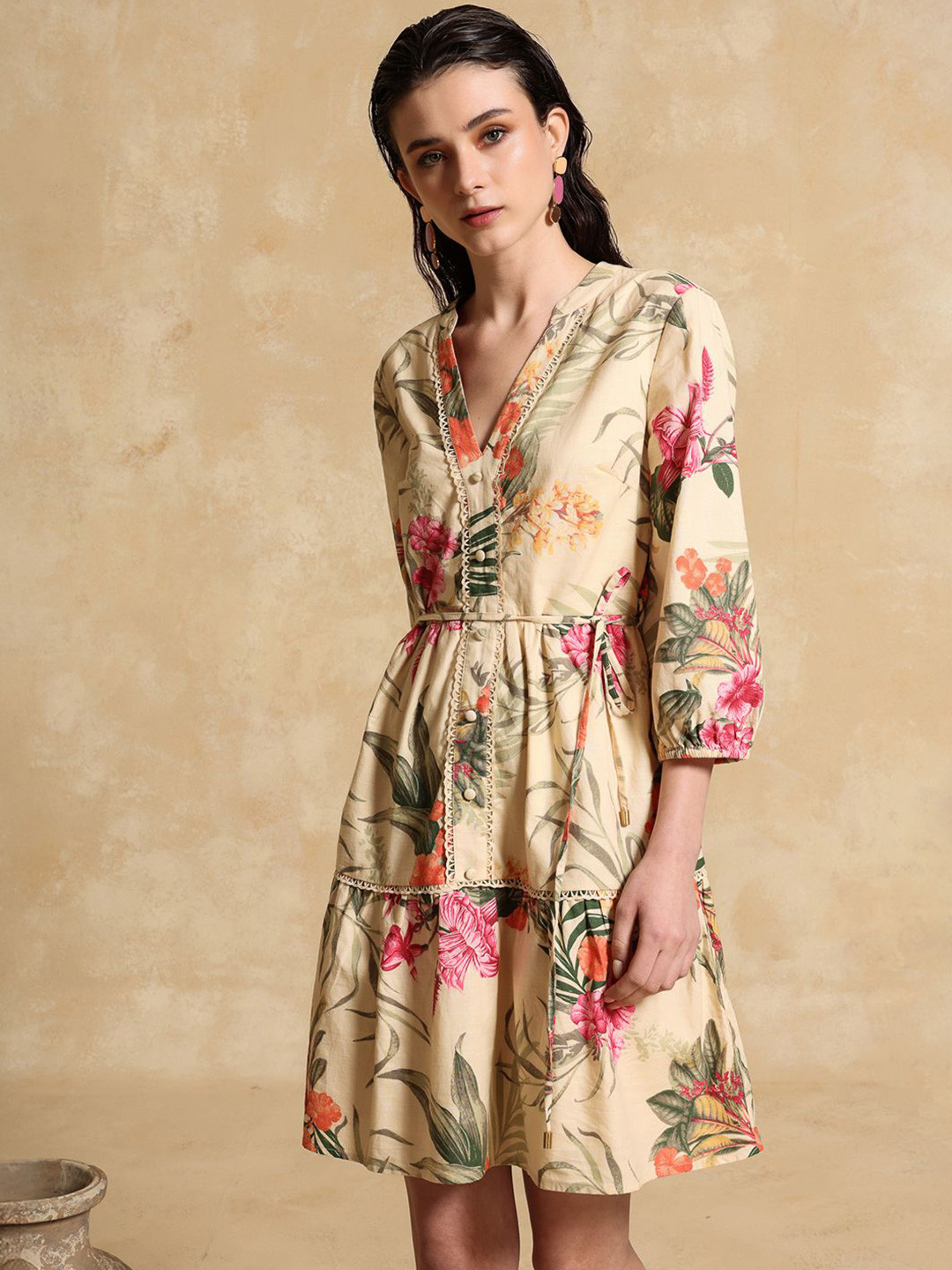 Kazo Women Floral Printed Puff Sleeve Morgan Mini Dress