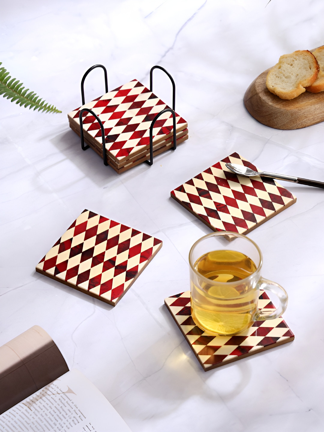 DULI Red & White 6 Pieces Printed Square Wood Coasters With Stand