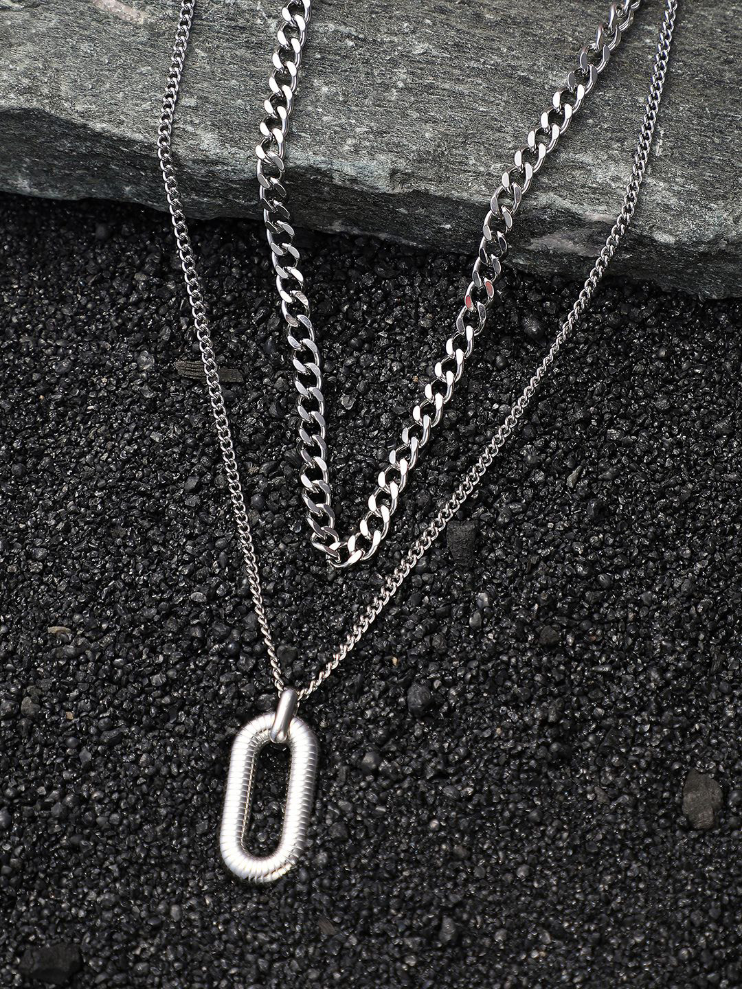 French Accent Men Silver-Plated The Ribbed Multi-Layer Contemporary Shaped Chain
