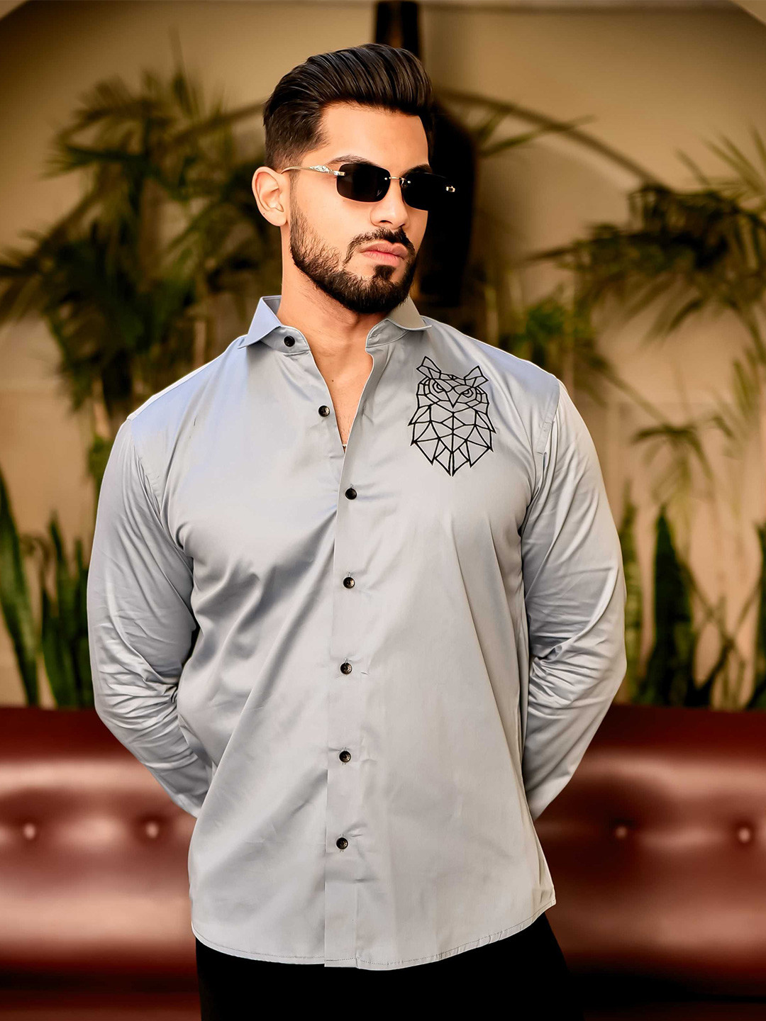 Foomer Men Standard Satin Cotton Spread Collar Opaque Casual Shirt