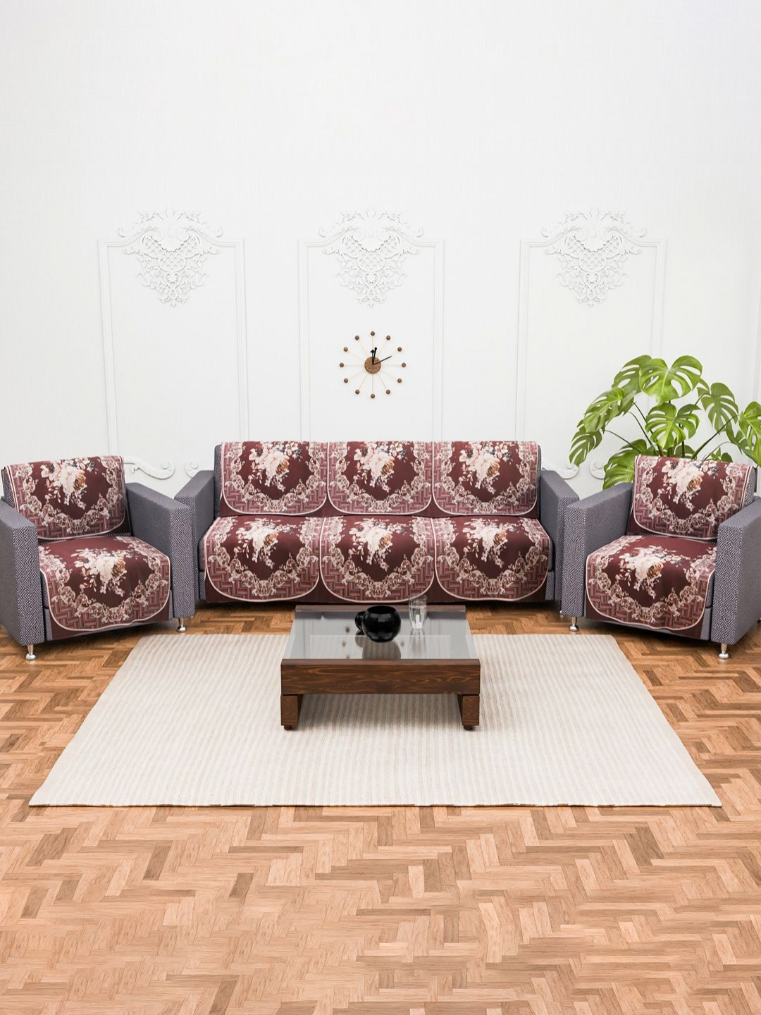 Aura Brown & White Set of 10 Stylish & Durable Velvet Sofa Covers 5 Seater Sofa Protector