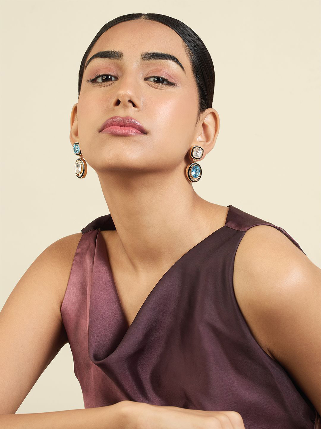 Isharya Aqua Goals 18Kt Gold Plated Crystals Studded Mismatched Contemporary Drop Earrings