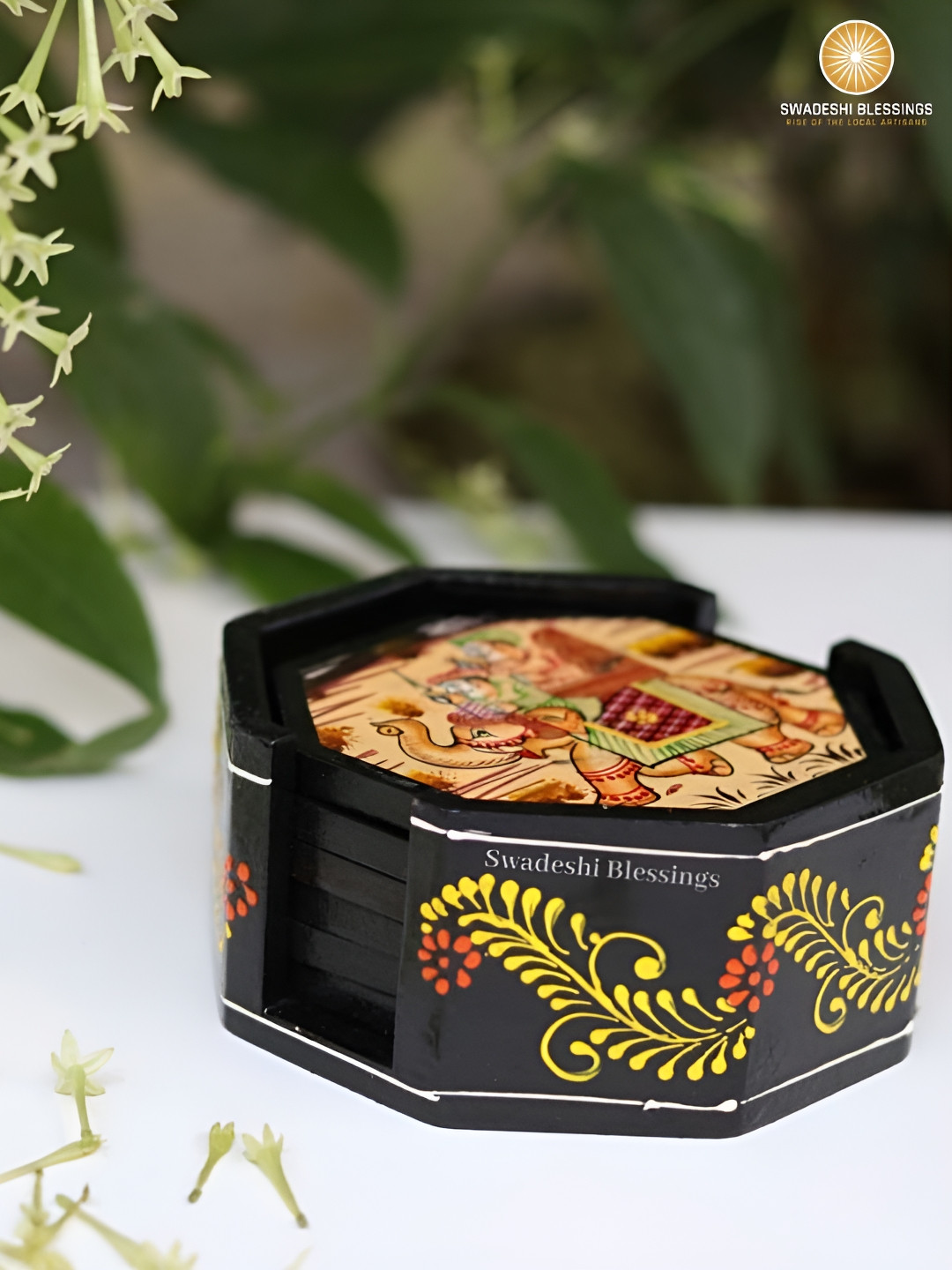 Swadeshi Blessings Black & Beige 6 Pieces Wooden Octagonal Tea Coasters -12 x 12 x 6.5 cm