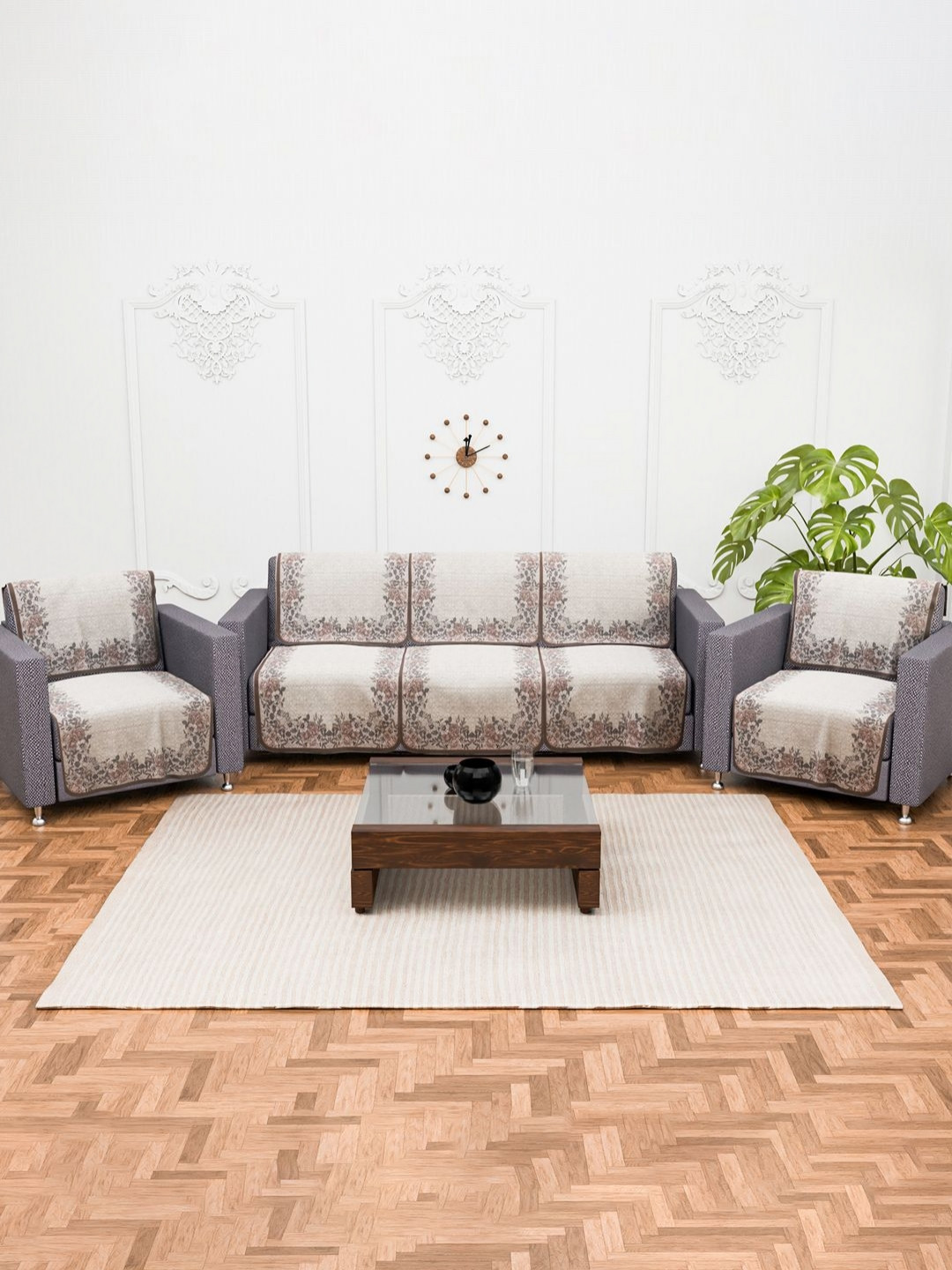 Aura Cream Set of 10 Stylish & Durable Cotton 5 Seater Sofa Cover Sofa Protector