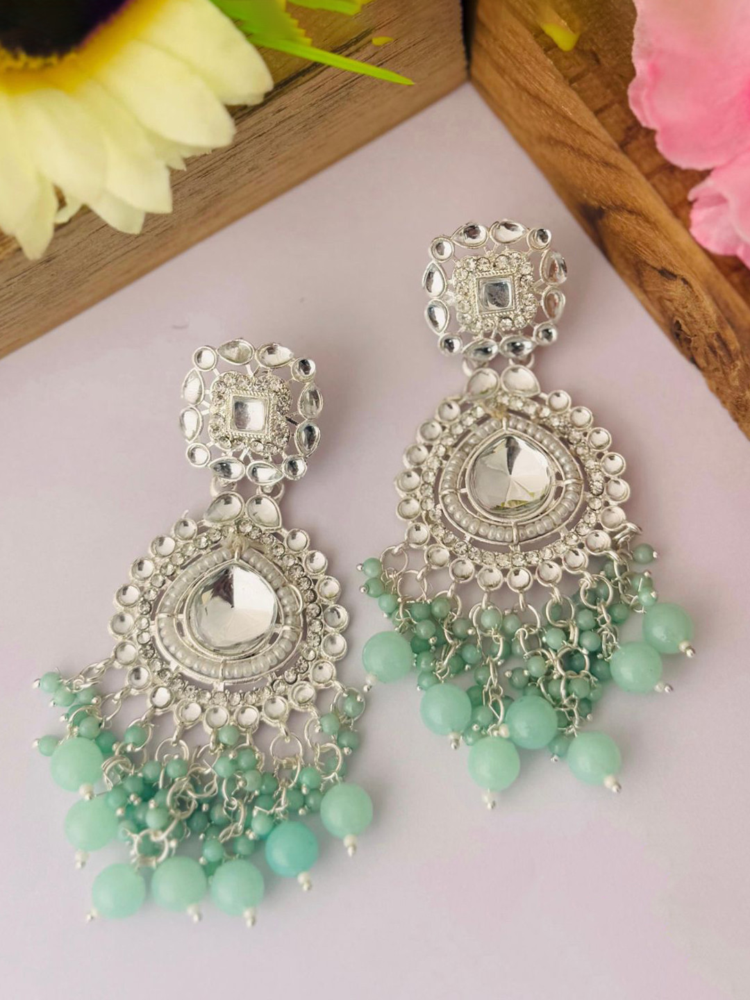 Vigilantee Jewels Silver-Plated Stones Studded And Beaded Contemporary Drop Earrings