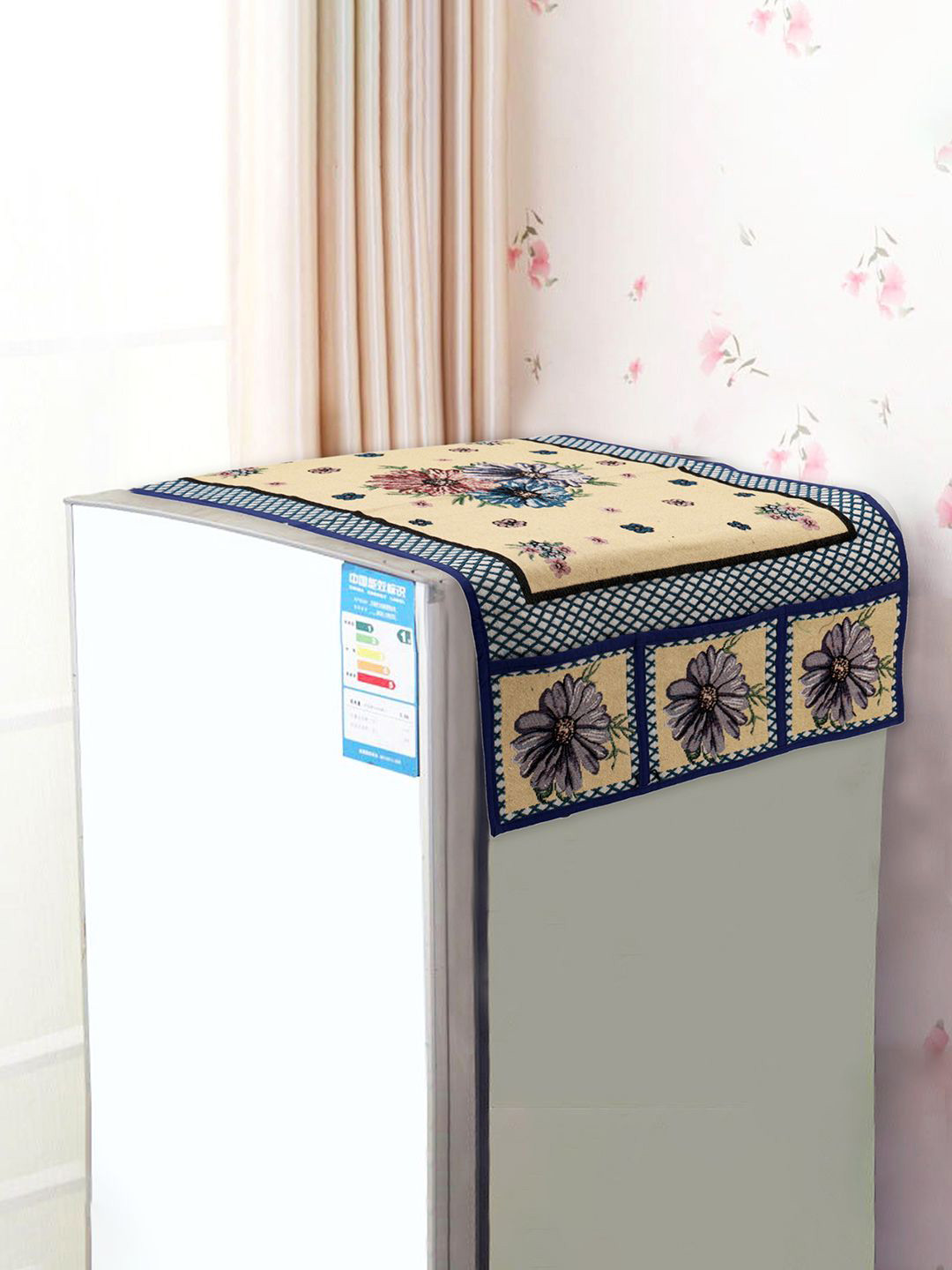 Kuber Industries Cream-Colored & Blue Floral Printed Cotton Fridge Top Cover