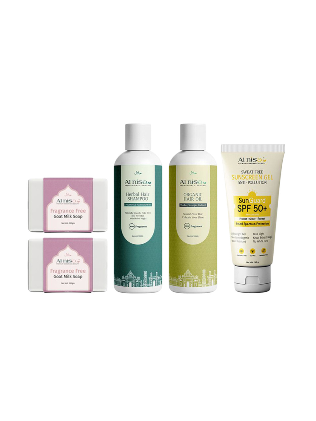 Al Nisa Set Of 5 Goat Milk Soap, Herbal Shampoo, Organic Hair Oil & Sun Guard Sunscreen