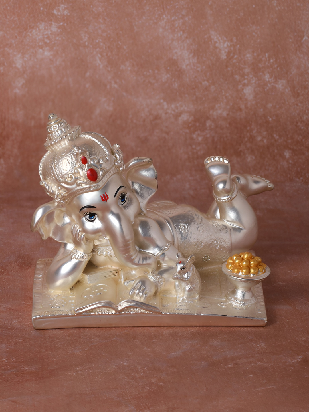 Funku Fashion Sleeping Ganesha with Right Trunk Silver Metallic Prayer Room Small Showpiece - 5 Inches