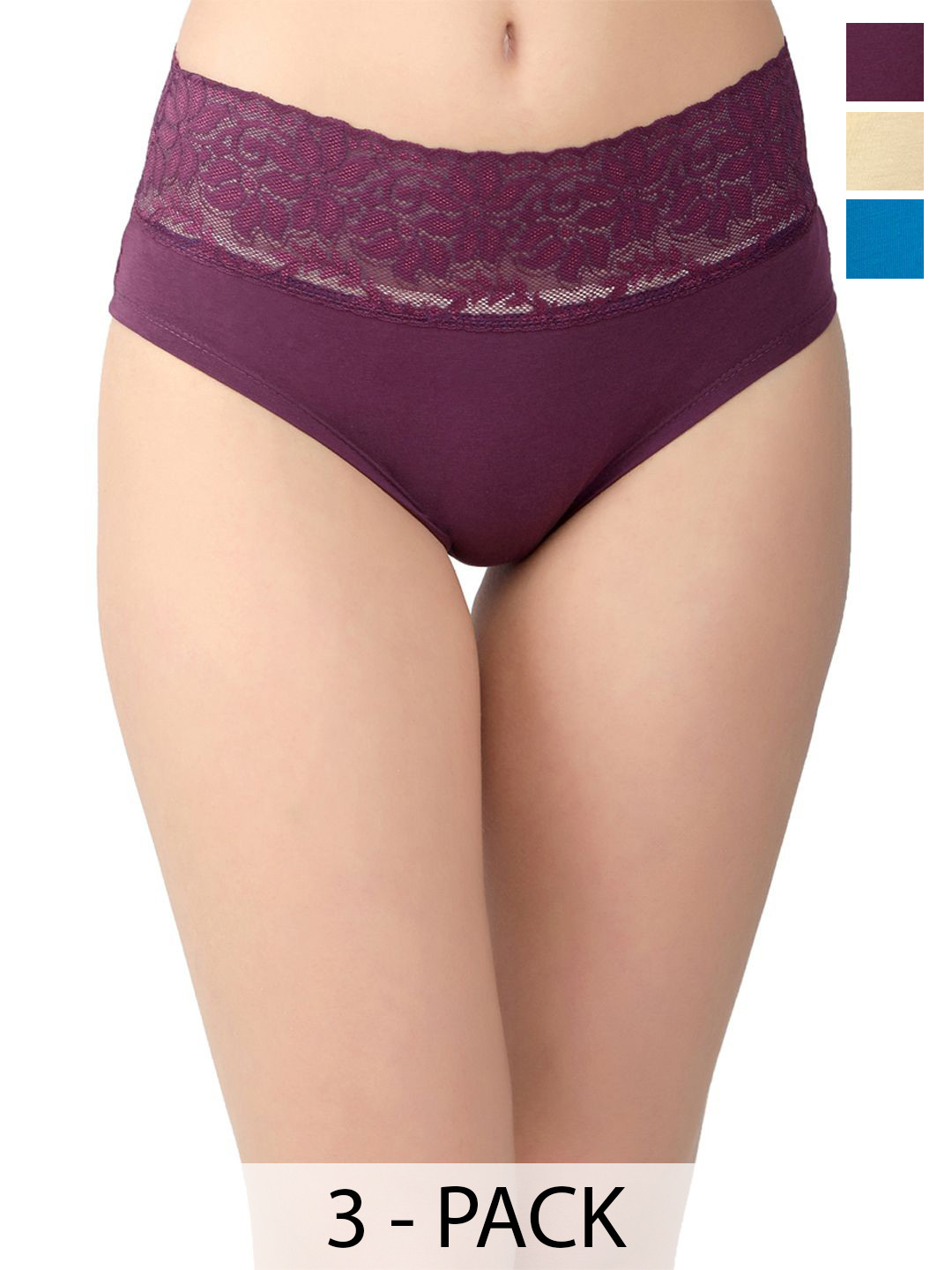 Valles365 by S.C. Pack Of 3 Top Lace Hipster Briefs TPLC3WINBLUBEG-S