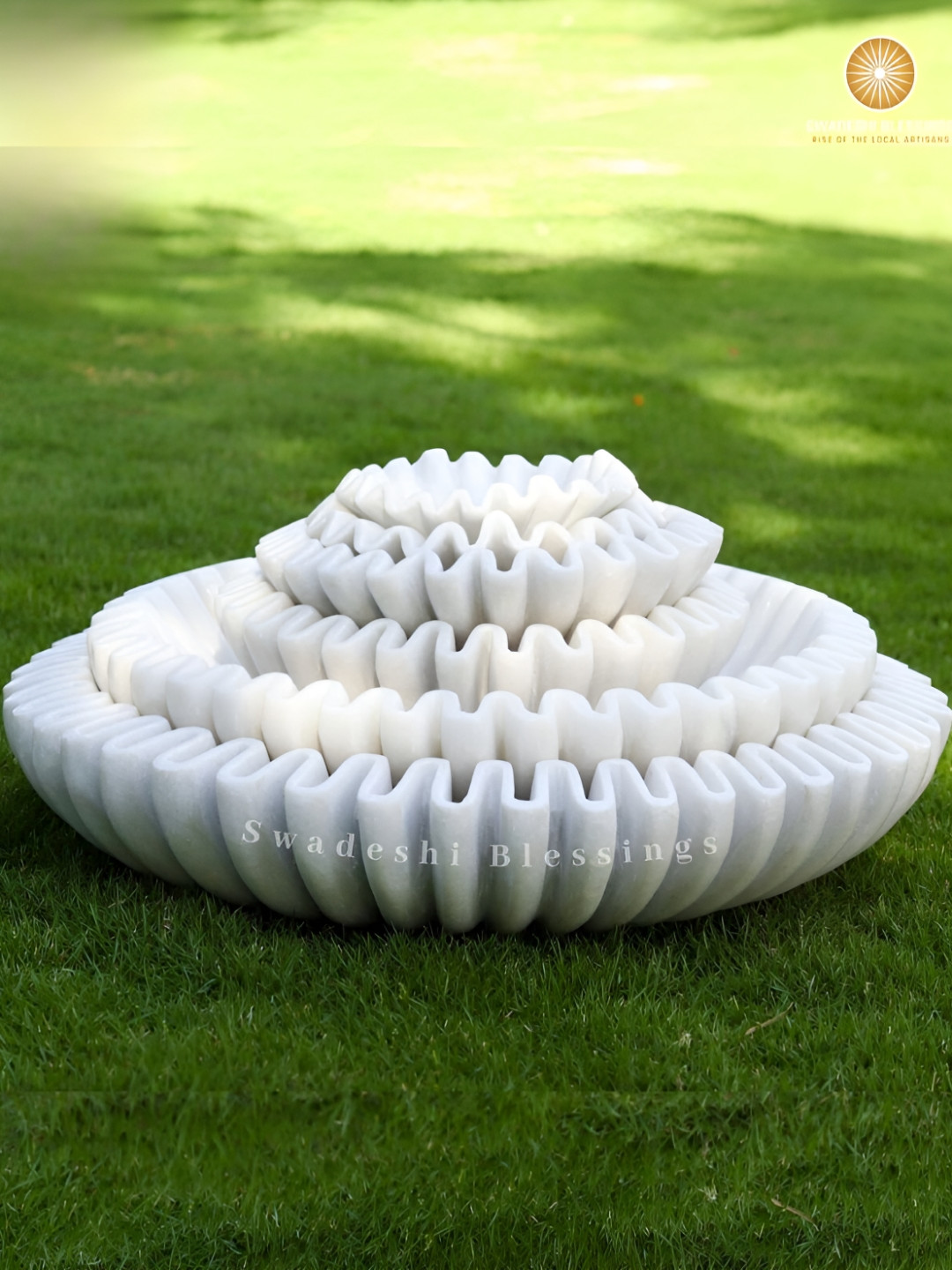 Swadeshi Blessings White Ruffle Marble Decorative Bowl 12 Inch