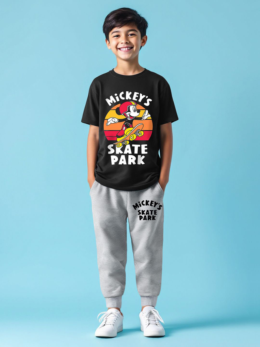 Disney By Miss and Chief Boys Mickey Mouse Printed Round Neck T-shirt With Joggers