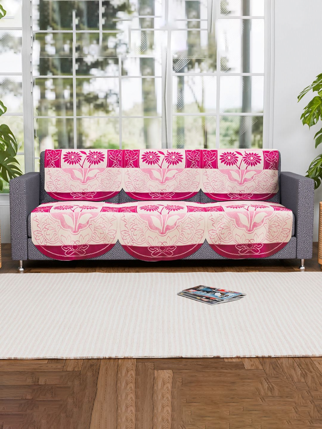 Aura 6 Pieces Pink Floral Printed Stylish & Durable Cotton 3 Seater Sofa Covers