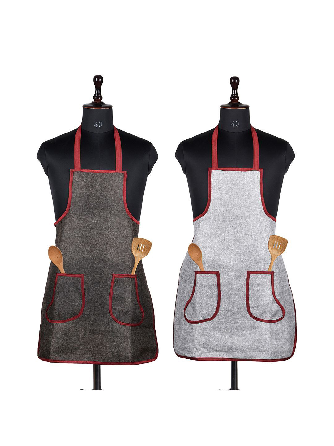 Kuber Industries Grey and Brown 2 Pieces Jute Front Pocket Kitchen Aprons