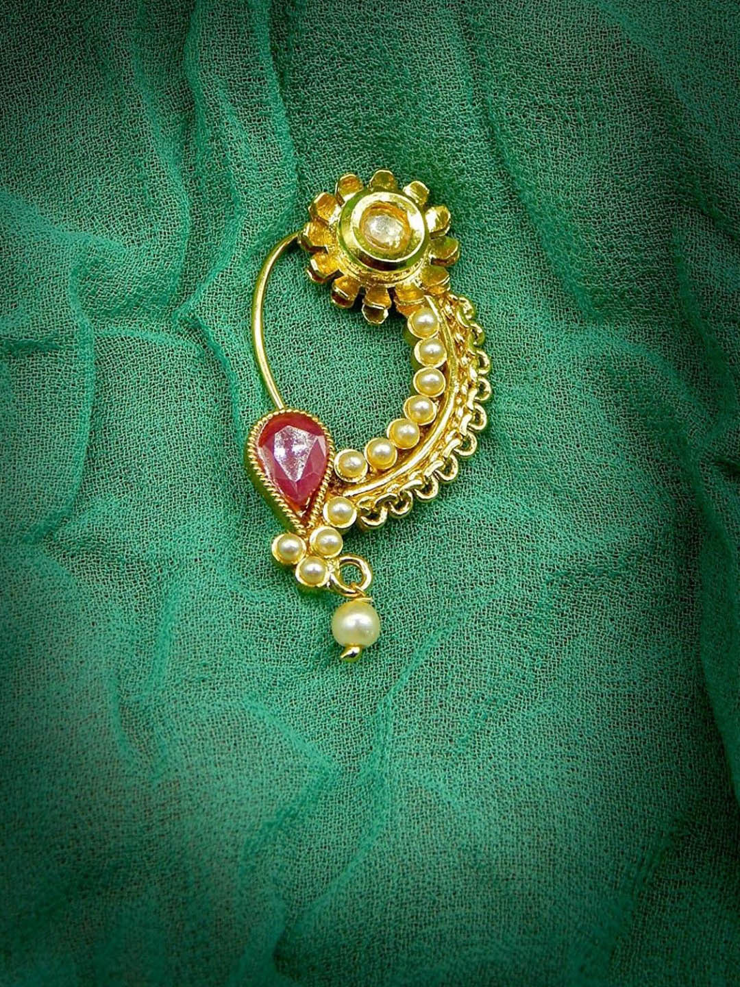 Anouk Gold-Plated Artificial Stones Stuuded And Pearls Beads Septum Banu Nath Nosepin