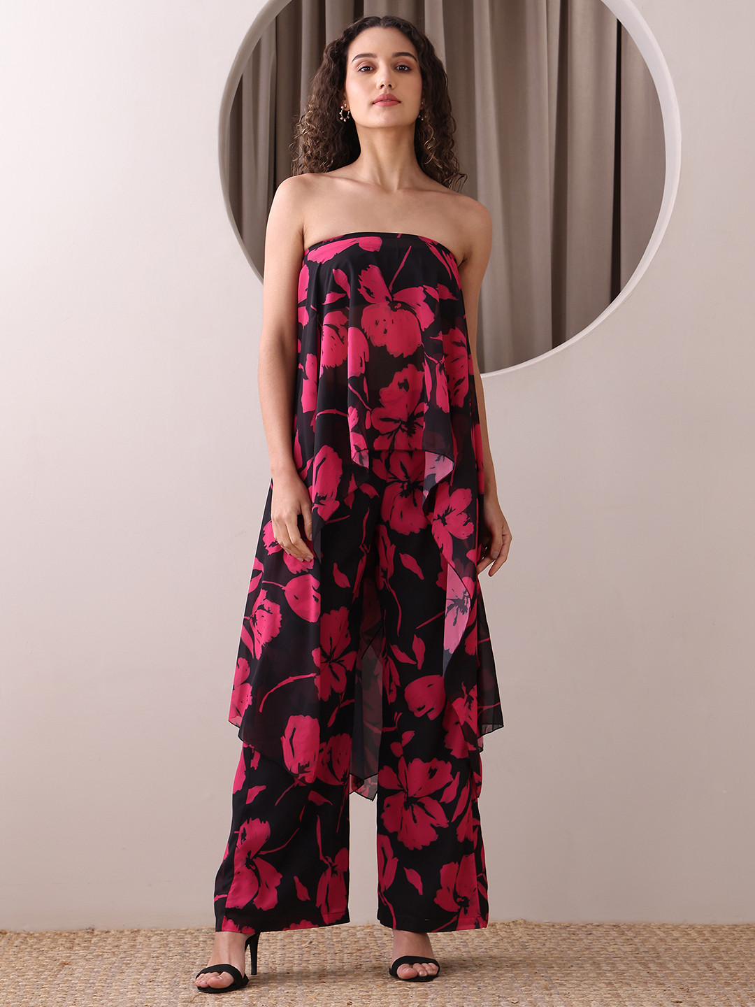 PURVAJA Floral Printed Strapless Tunic And Palazzos