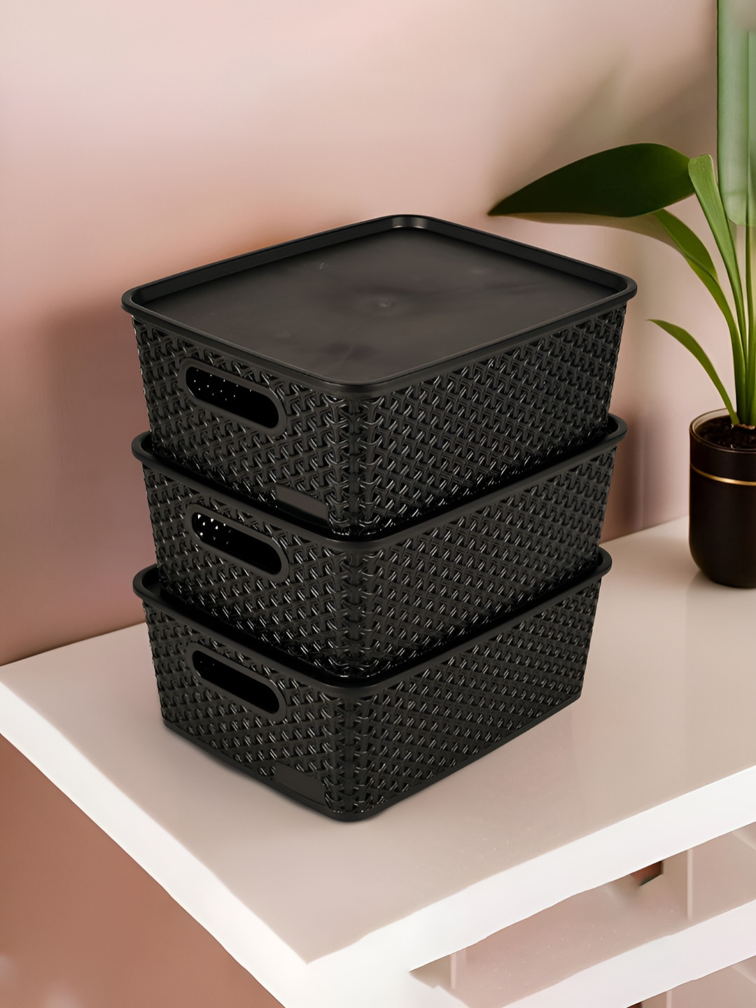 Aura Black 3 Pieces Living Room Stackable Plastic Storage Basket Organisers With Lid