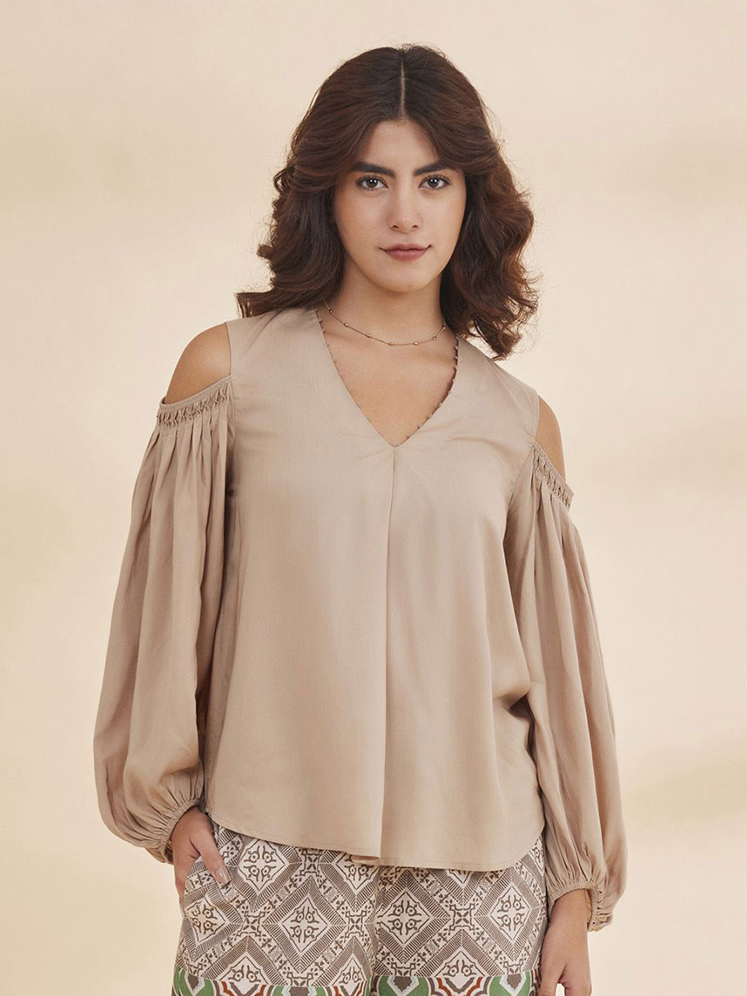 B77 Embroidered Cold-Shoulder Bamboo Top